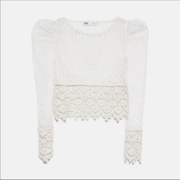 NWT ZARA Dotted Mesh Top/Crocheted hem embellished w/Beading/Pearls Sheer Blouse - Picture 11 of 13